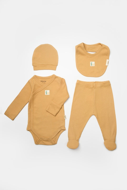Set 4 piese:body, pantaloni, baveta si caciulita Bamboo, maro, BabyCosy, 50% bumbac+50%bambus - Baveta, Bluza, Caciula, Pantaloni