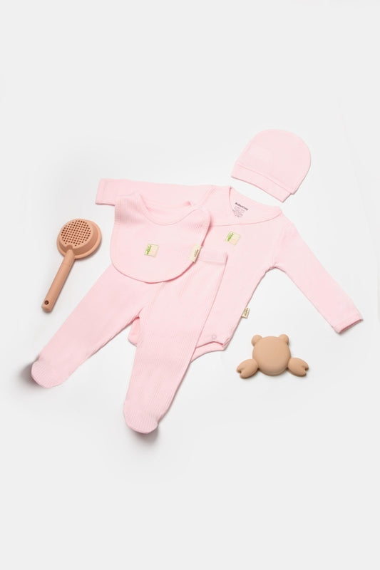 Set 4 piese:body, pantaloni, baveta si caciulita Bamboo, roz, BabyCosy, 50% bumbac+50%bambus - Baveta, Bluza, Caciula, Pantaloni