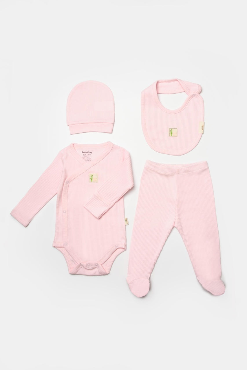 Set 4 piese:body, pantaloni, baveta si caciulita Bamboo, roz, BabyCosy, 50% bumbac+50%bambus