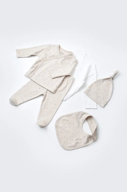 Set 5 piese pentru nou nascut - 100% bumbac organic - Crem cu buline, BabyCosy