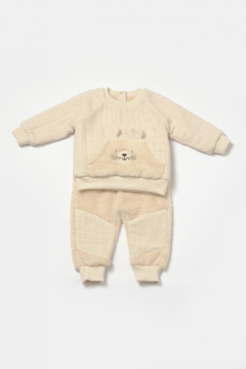 Set bluza cu buzunar si pantaloni Ursulet, Winter muselin, 100% bumbac dublat - Stone, BabyCosy
