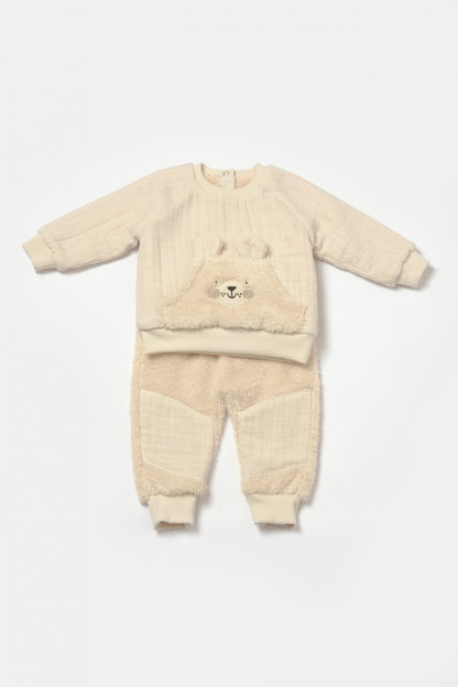 Set bluza cu buzunar si pantaloni Ursulet, Winter muselin, 100% bumbac dublat - Stone, BabyCosy