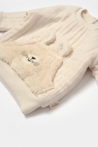 Set bluza cu buzunar si pantaloni Ursulet, Winter muselin, 100% bumbac dublat - Stone, BabyCosy