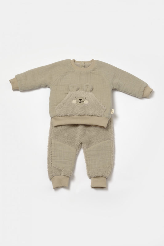 Set bluza cu buzunar si pantaloni Ursulet, Winter muselin, 100% bumbac dublat - Verde, BabyCosy - Bluza, Pantaloni