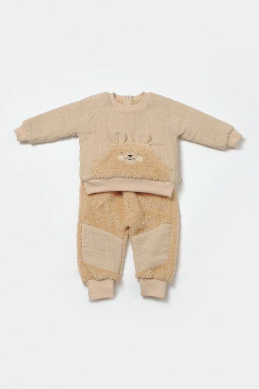 Set bluza cu buzunar si pantaloni Ursulet, Winter muselin, 100% bumbac dublat - Apricot, BabyCosy - Bluza, Pantaloni