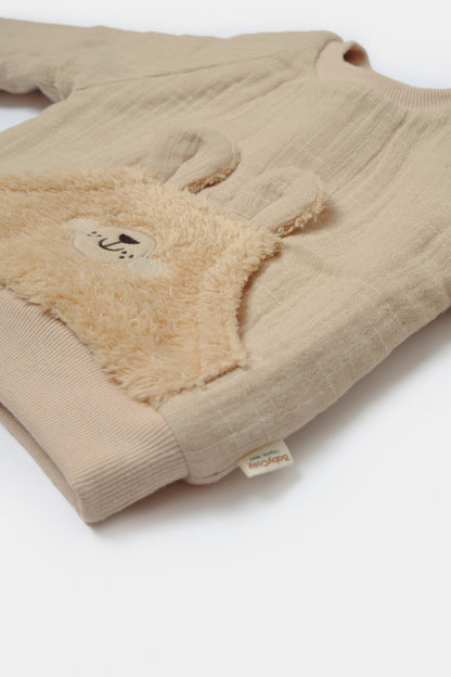 Set bluza cu buzunar si pantaloni Ursulet, Winter muselin, 100% bumbac dublat - Apricot, BabyCosy