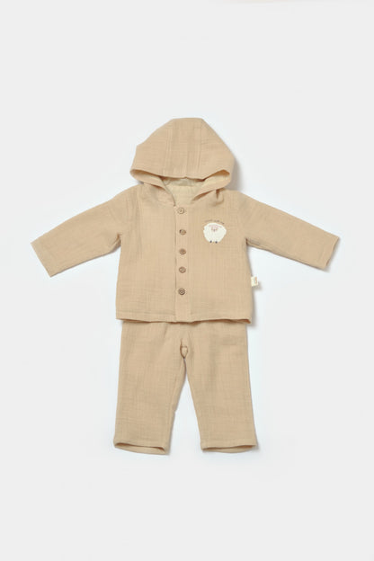 Set bluza cu gluga si pantaloni, Winter muselin, 100% bumbac - Apricot, BabyCosy