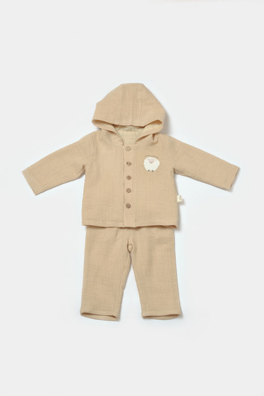 Set bluza cu gluga si pantaloni, Winter muselin, 100% bumbac - Apricot, BabyCosy - Bluza, Pantaloni