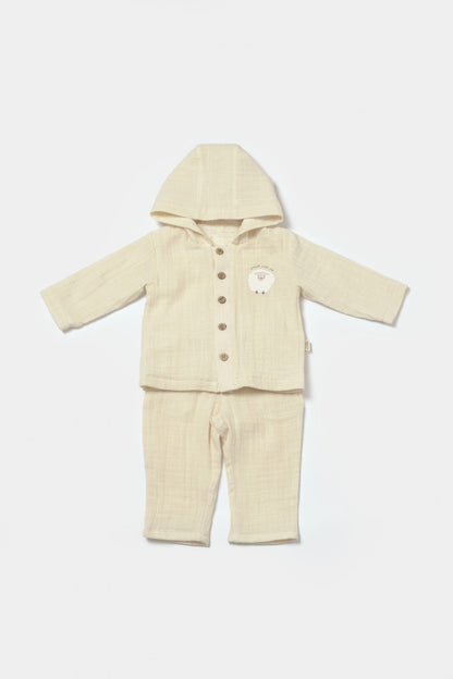 Set bluza cu gluga si pantaloni, Winter muselin, 100% bumbac - Stone, BabyCosy