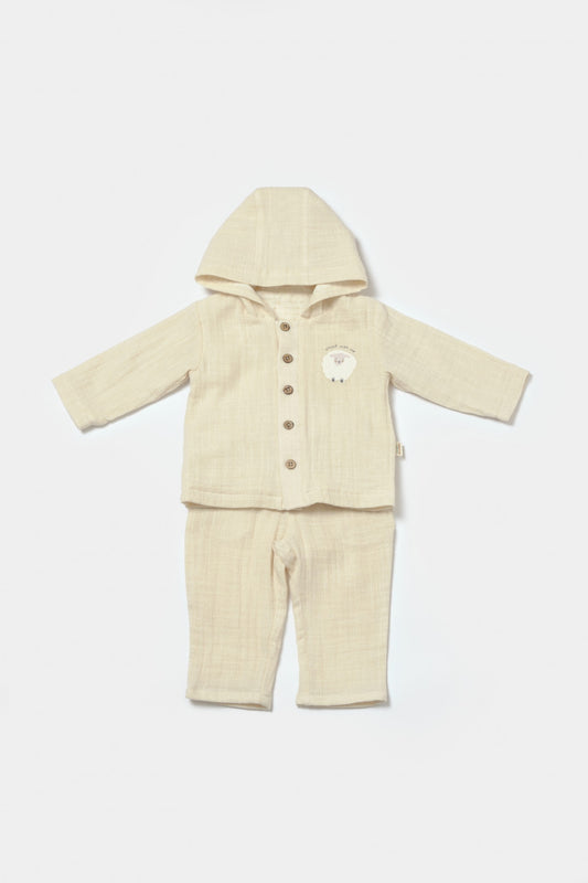 Set bluza cu gluga si pantaloni, Winter muselin, 100% bumbac - Stone, BabyCosy - Bluza, Pantaloni