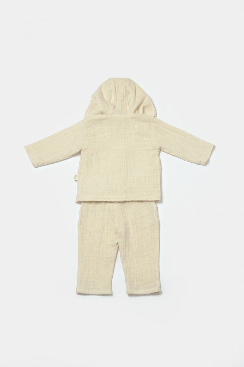 Set bluza cu gluga si pantaloni, Winter muselin, 100% bumbac - Stone, BabyCosy