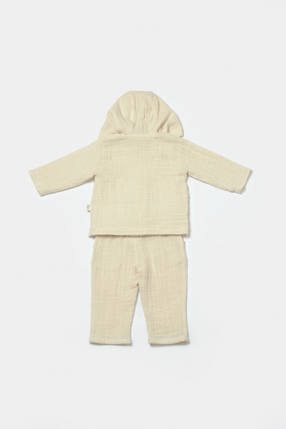 Set bluza cu gluga si pantaloni, Winter muselin, 100% bumbac - Stone, BabyCosy