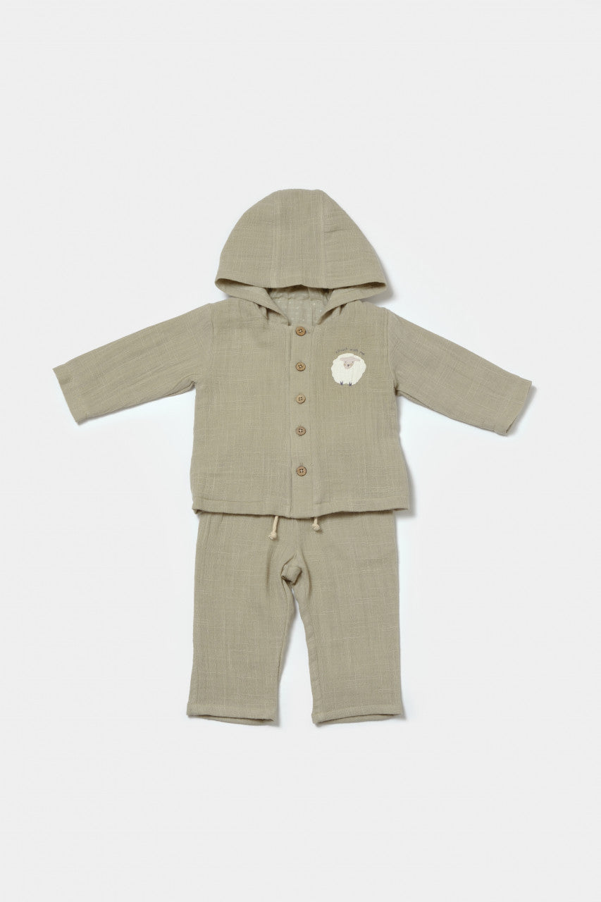 Set bluza cu gluga si pantaloni, Winter muselin, 100% bumbac - Verde, BabyCosy