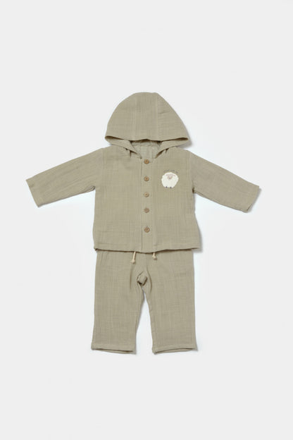 Set bluza cu gluga si pantaloni, Winter muselin, 100% bumbac - Verde, BabyCosy