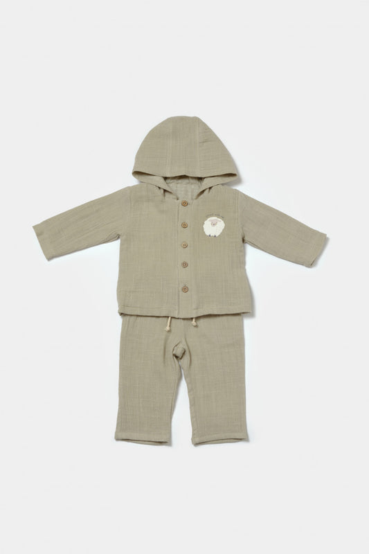 Set bluza cu gluga si pantaloni, Winter muselin, 100% bumbac - Verde, BabyCosy - Bluza, Pantaloni