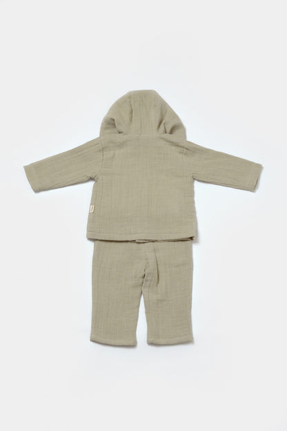 Set bluza cu gluga si pantaloni, Winter muselin, 100% bumbac - Verde, BabyCosy