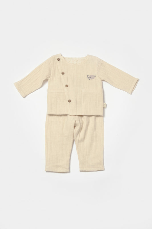 Set bluza cu nasturi si pantaloni , Winter muselin, 100% bumbac - Stone, BabyCosy - Bluza, Pantaloni