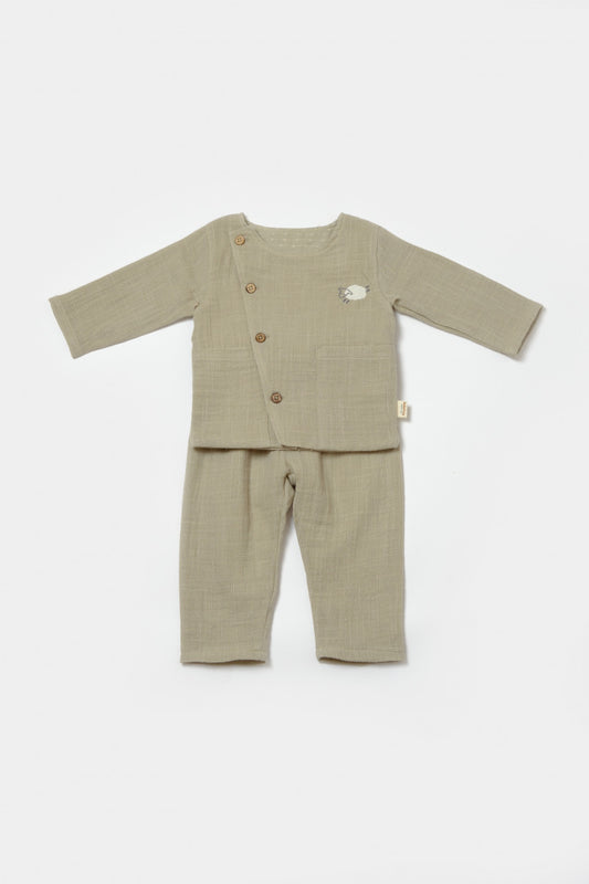 Set bluza cu nasturi si pantaloni , Winter muselin, 100% bumbac - Verde, BabyCosy - Bluza, Pantaloni
