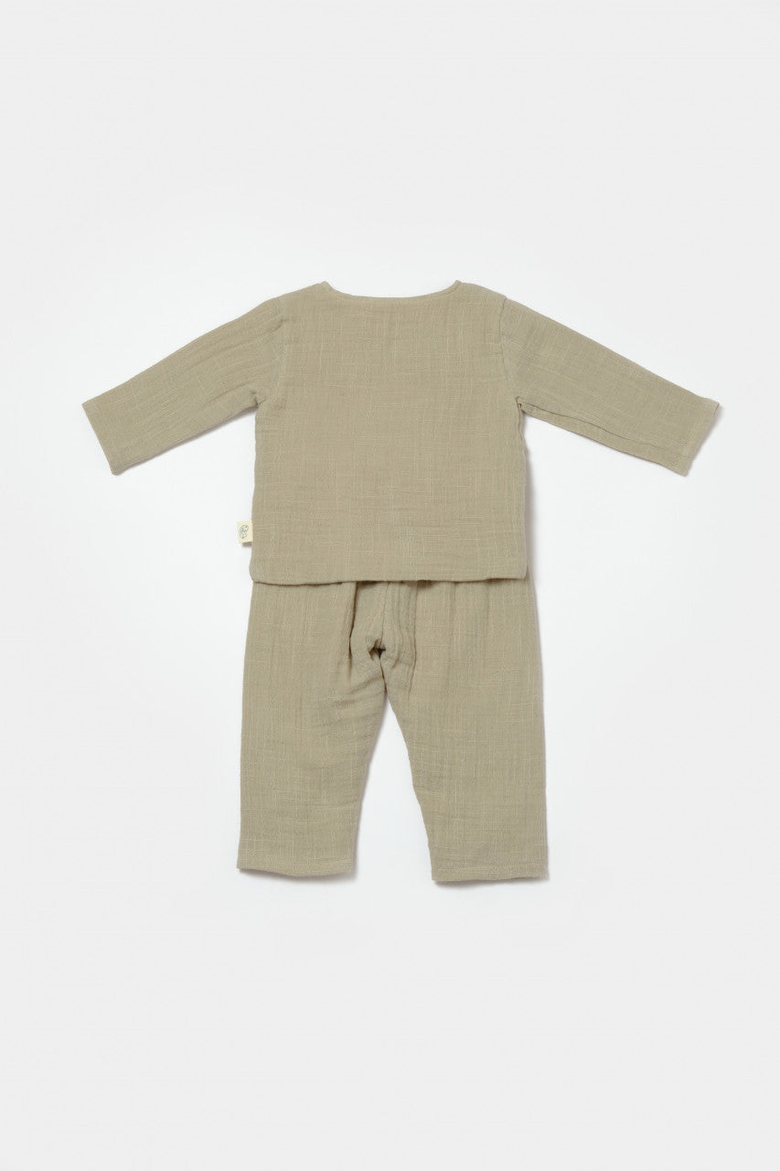 Set bluza cu nasturi si pantaloni , Winter muselin, 100% bumbac - Verde, BabyCosy