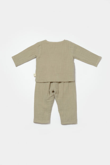 Set bluza cu nasturi si pantaloni , Winter muselin, 100% bumbac - Verde, BabyCosy
