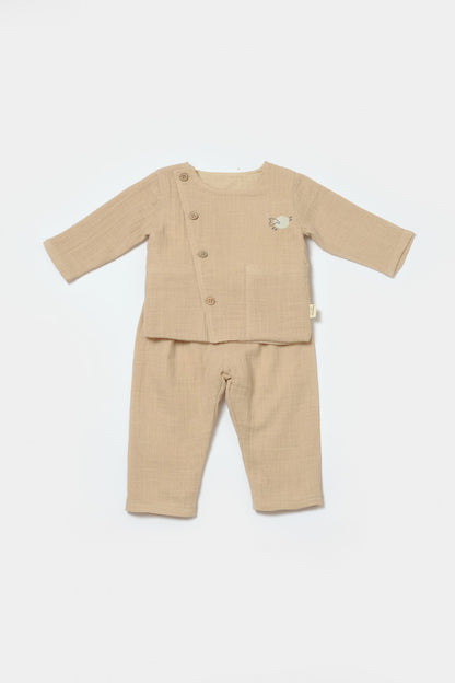 Set bluza cu nasturi si pantaloni , Winter muselin- Apricot, BabyCosy