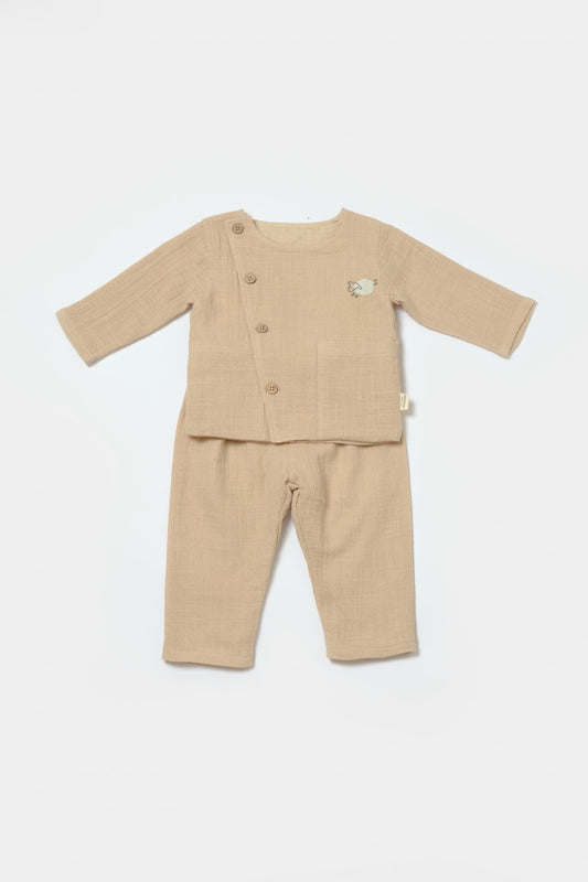Set bluza cu nasturi si pantaloni , Winter muselin- Apricot, BabyCosy - Bluza, Pantaloni