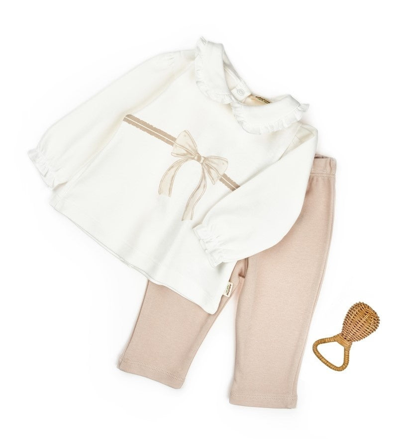 Set bluză cu volănaș și pantalonași, Bow, BabyCosy, 100%bumbac organic