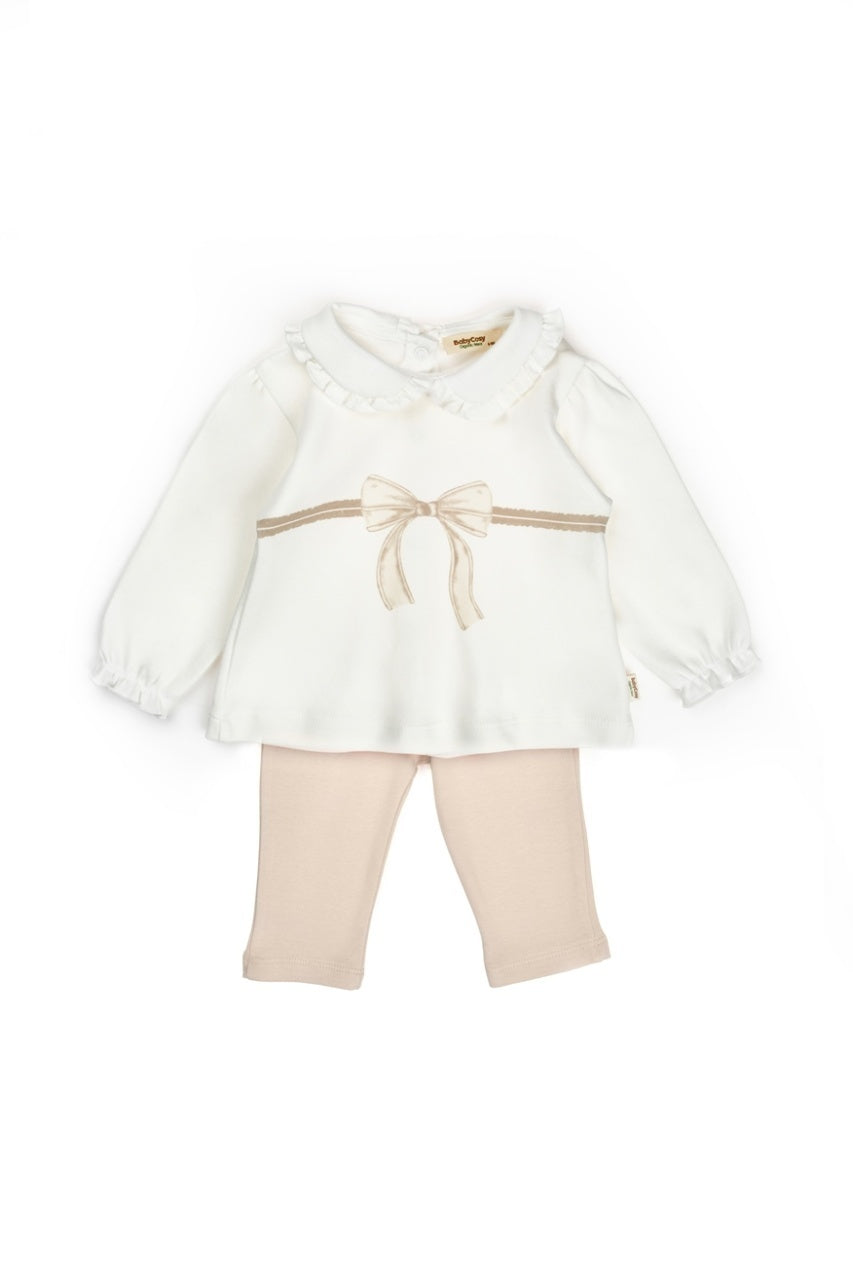 Set bluză cu volănaș și pantalonași, Bow, BabyCosy, 100%bumbac organic