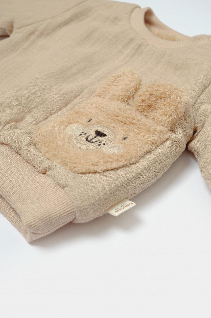 Set bluza dublata si pantaloni Ursulet, Winter muselin - Apricot, BabyCosy