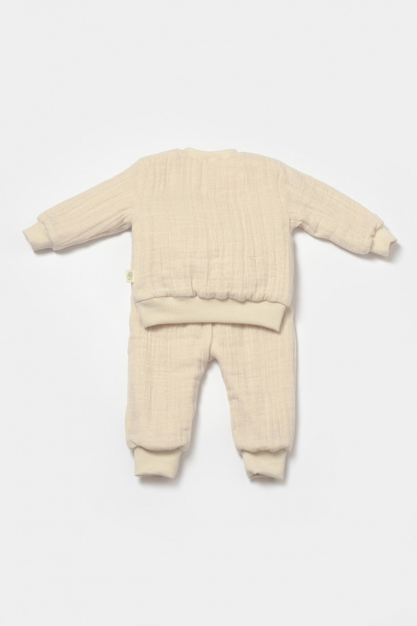 Set bluza dublata si pantaloni Ursulet, Winter muselin - Stone, BabyCosy