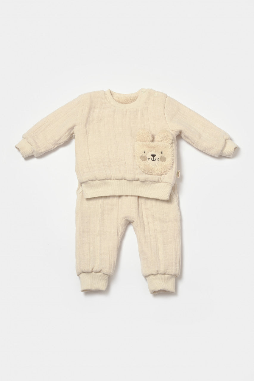 Set bluza dublata si pantaloni Ursulet, Winter muselin - Stone, BabyCosy