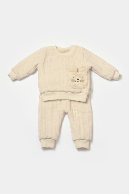 Set bluza dublata si pantaloni Ursulet, Winter muselin - Stone, BabyCosy