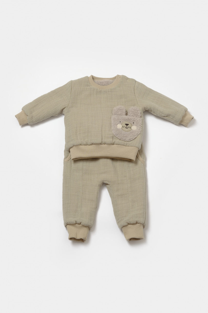 Set bluza dublata si pantaloni Ursulet, Winter muselin - Verde, BabyCosy