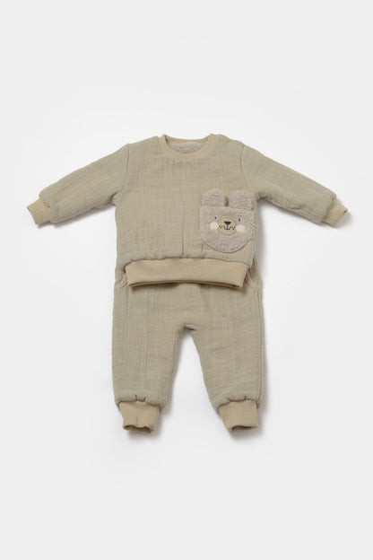 Set bluza dublata si pantaloni Ursulet, Winter muselin - Verde, BabyCosy