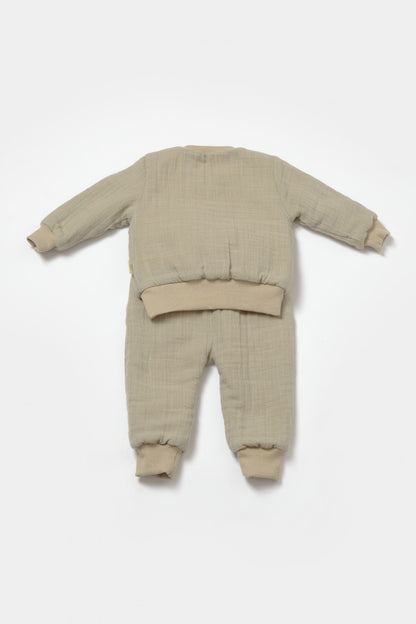 Set bluza dublata si pantaloni Ursulet, Winter muselin - Verde, BabyCosy