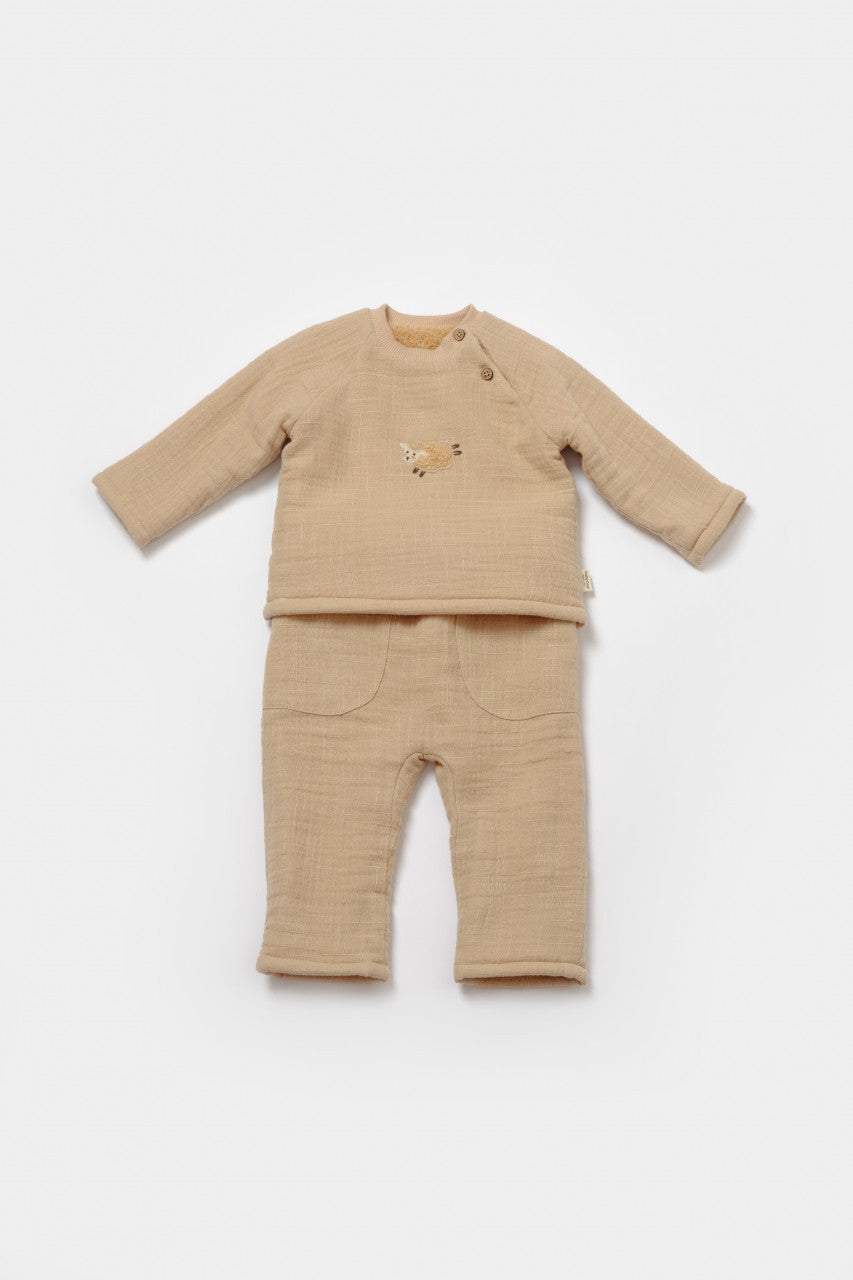 Set bluza dublata si pantaloni, Winter muselin - Apricot, BabyCosy