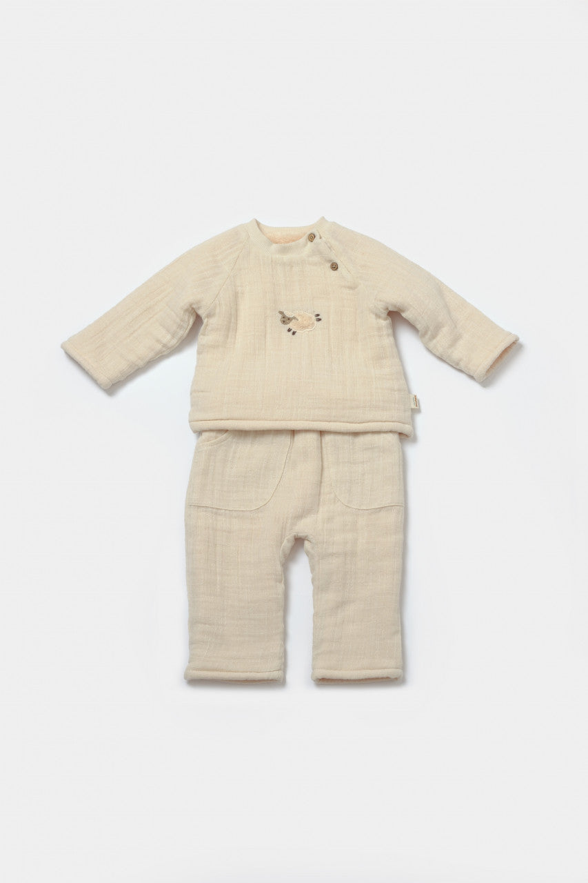 Set bluza dublata si pantaloni, Winter muselin - Stone, BabyCosy