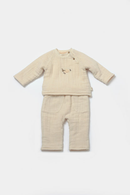 Set bluza dublata si pantaloni, Winter muselin - Stone, BabyCosy