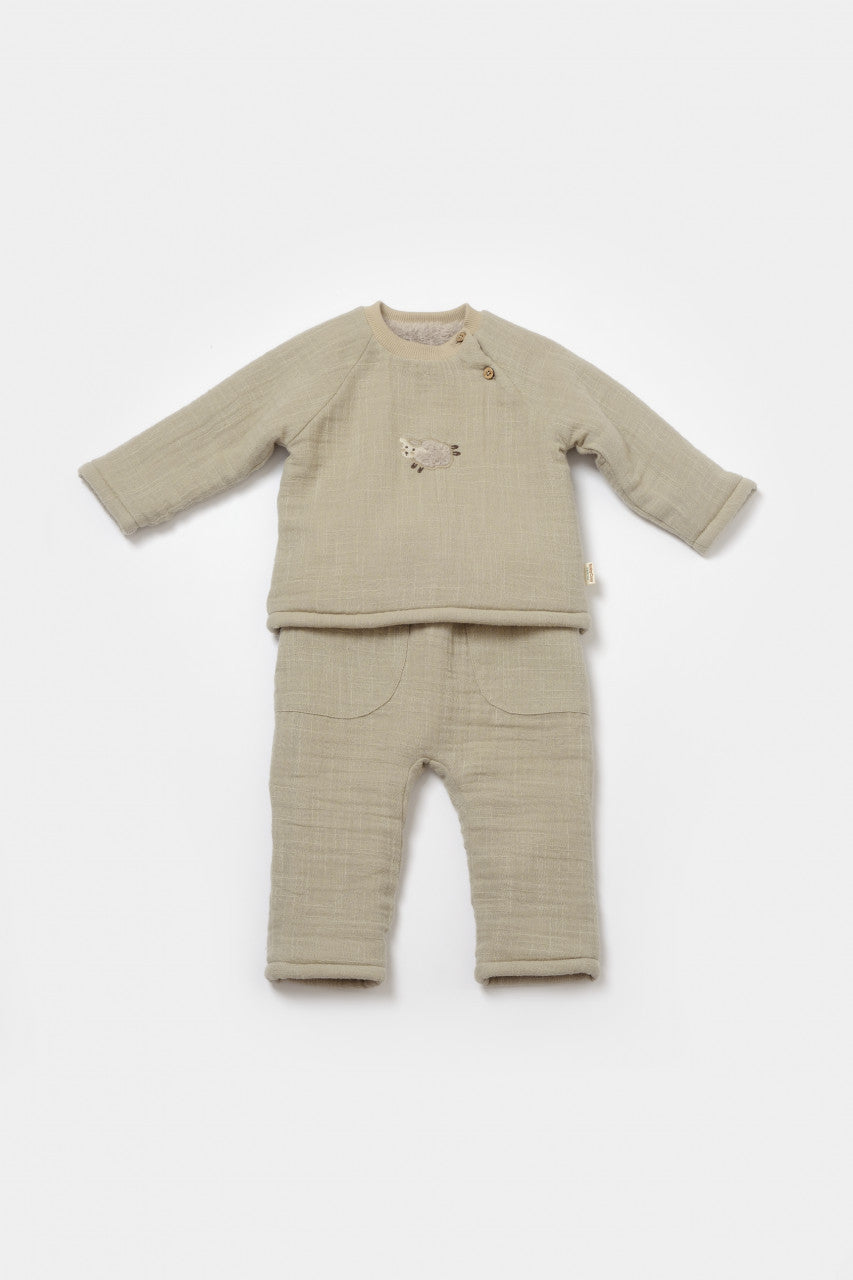 Set bluza dublata si pantaloni, Winter muselin- Verde, BabyCosy