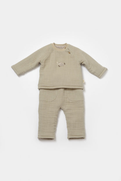 Set bluza dublata si pantaloni, Winter muselin- Verde, BabyCosy