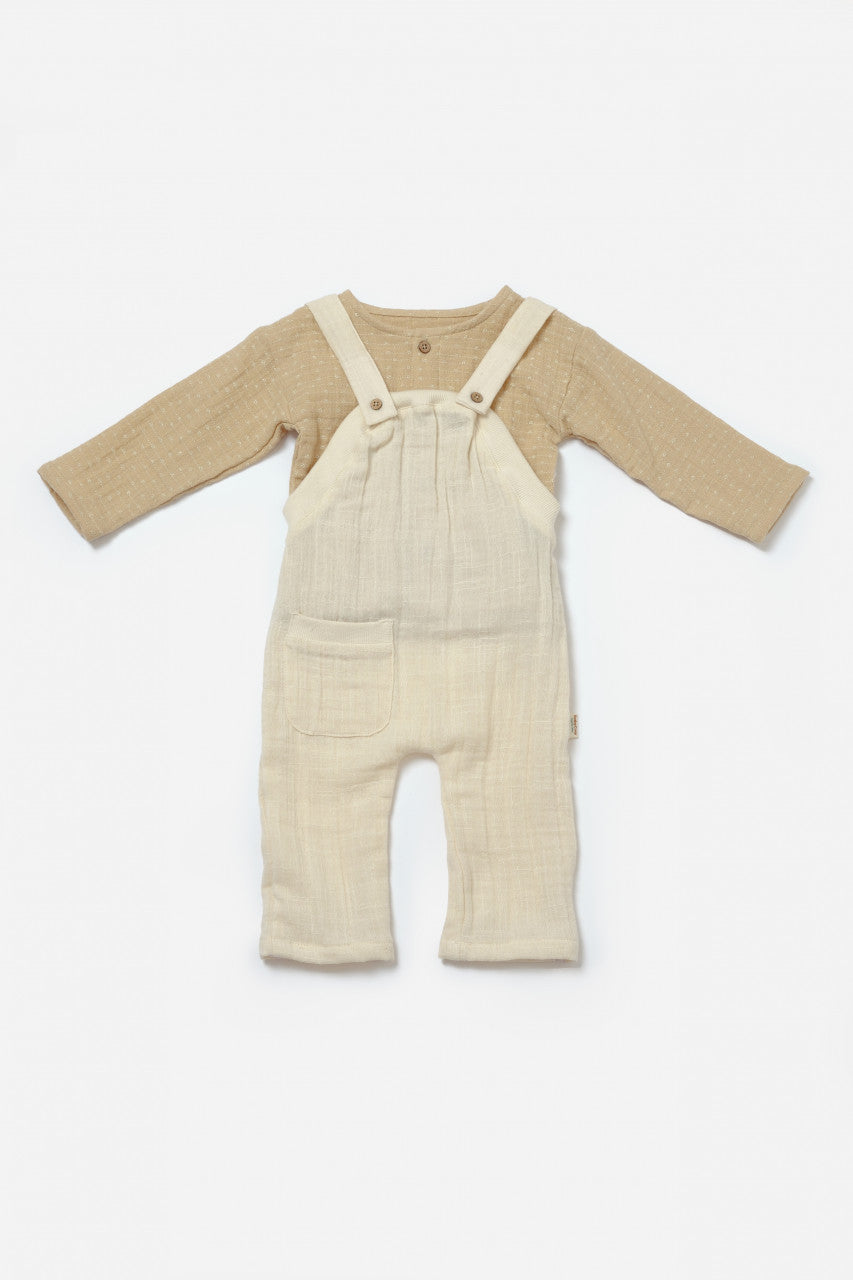 Set bluza si salopeta, Winter muselin, 100% bumbac - Stone, BabyCosy