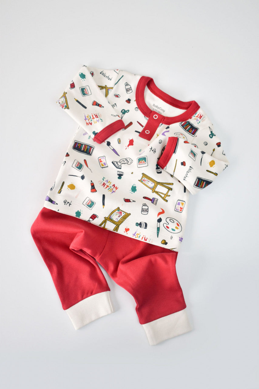 Set bluzita cu maneca lunga si nasturei si pantaloni lungi, 100% bumbac organic, BabyCosy, Rosu
