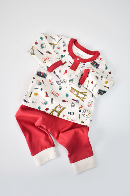 Set bluzita cu maneca lunga si nasturei si pantaloni lungi, 100% bumbac organic, BabyCosy, Rosu