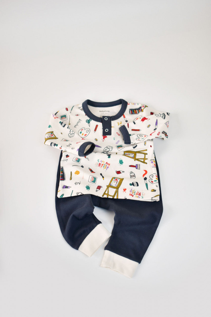 Set bluzita cu maneca lunga si nasturei si pantaloni lungi, 100% bumbac organic, BabyCosy, Bleumarin