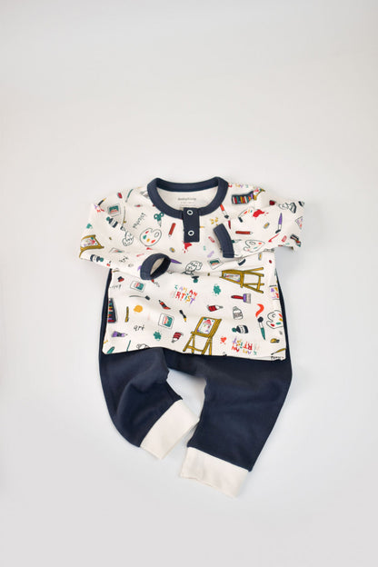 Set bluzita cu maneca lunga si nasturei si pantaloni lungi, 100% bumbac organic, BabyCosy, Bleumarin