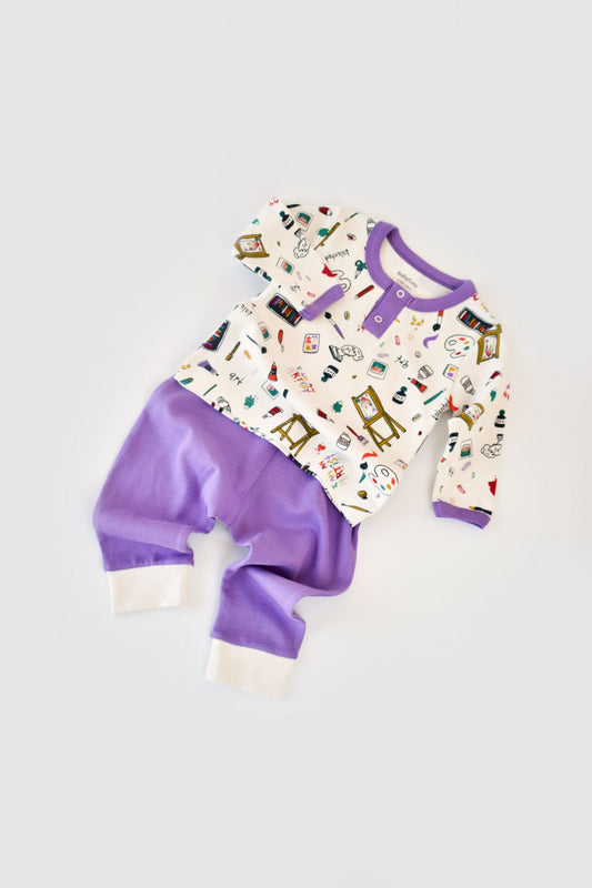 Set bluzita cu maneca lunga si nasturei si pantaloni lungi, 100% bumbac organic, BabyCosy, Mov - Bluza, Pantaloni