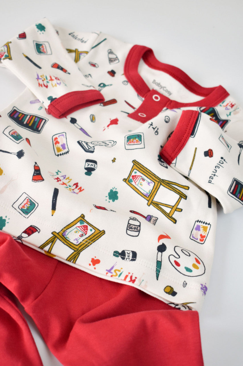 Set bluzita cu maneca lunga si nasturei si pantaloni lungi, 100% bumbac organic, BabyCosy, Rosu