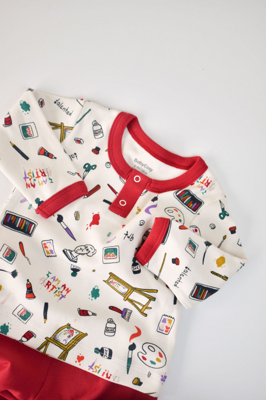 Set bluzita cu maneca lunga si nasturei si pantaloni lungi, 100% bumbac organic, BabyCosy, Rosu