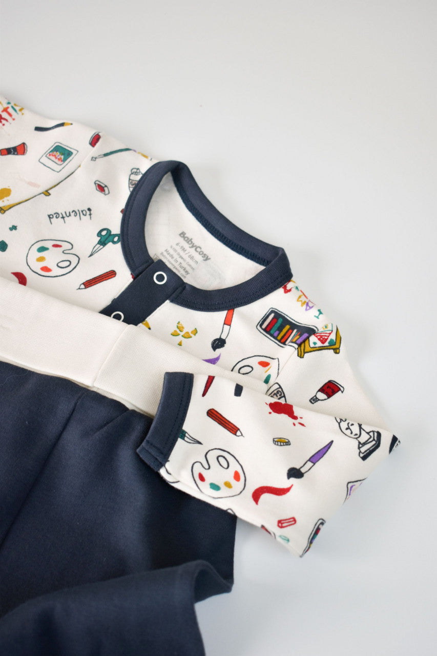 Set bluzita cu maneca lunga si nasturei si pantaloni lungi, 100% bumbac organic, BabyCosy, Bleumarin