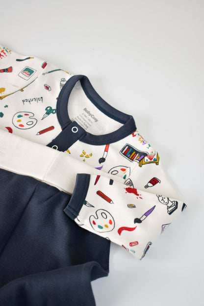 Set bluzita cu maneca lunga si nasturei si pantaloni lungi, 100% bumbac organic, BabyCosy, Bleumarin